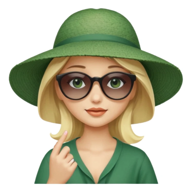 
blonde girl in dark green beach big hat adjusting sunglasses sticker