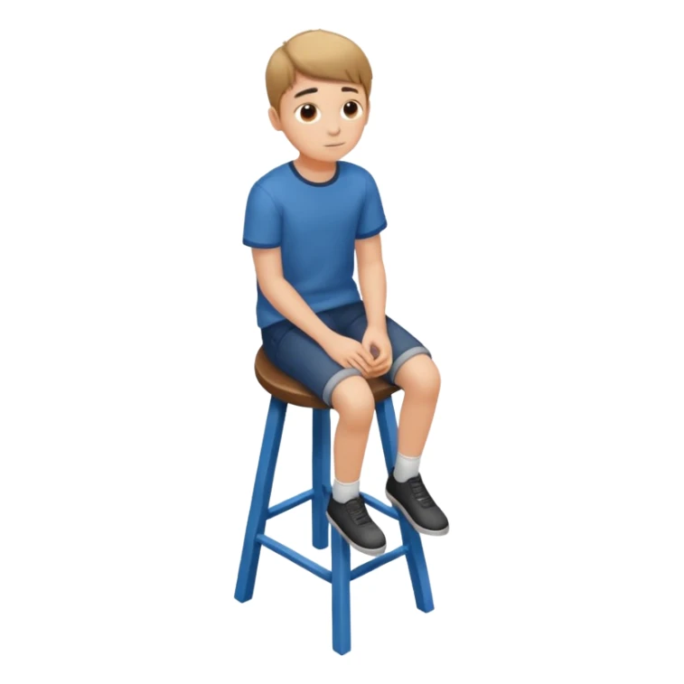Generate a photorealistic image of a boy sitting on a stool. The scene is captured from a top-down perspective (bird's-eye view), looking directly down from above his head towards his feet. The background should be simple and clean. sticker