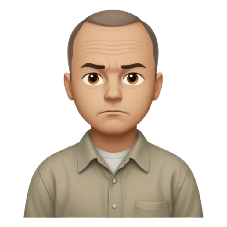 Carl from Sling Blade, serious expression, very detailed features,very recognizable features, chin sticking out, slouching posture, no glasses, shirt with collar,show his entire body, he is standing. three-quarter face angle view. He sticks his head forward. less apple style emoji.  sticker