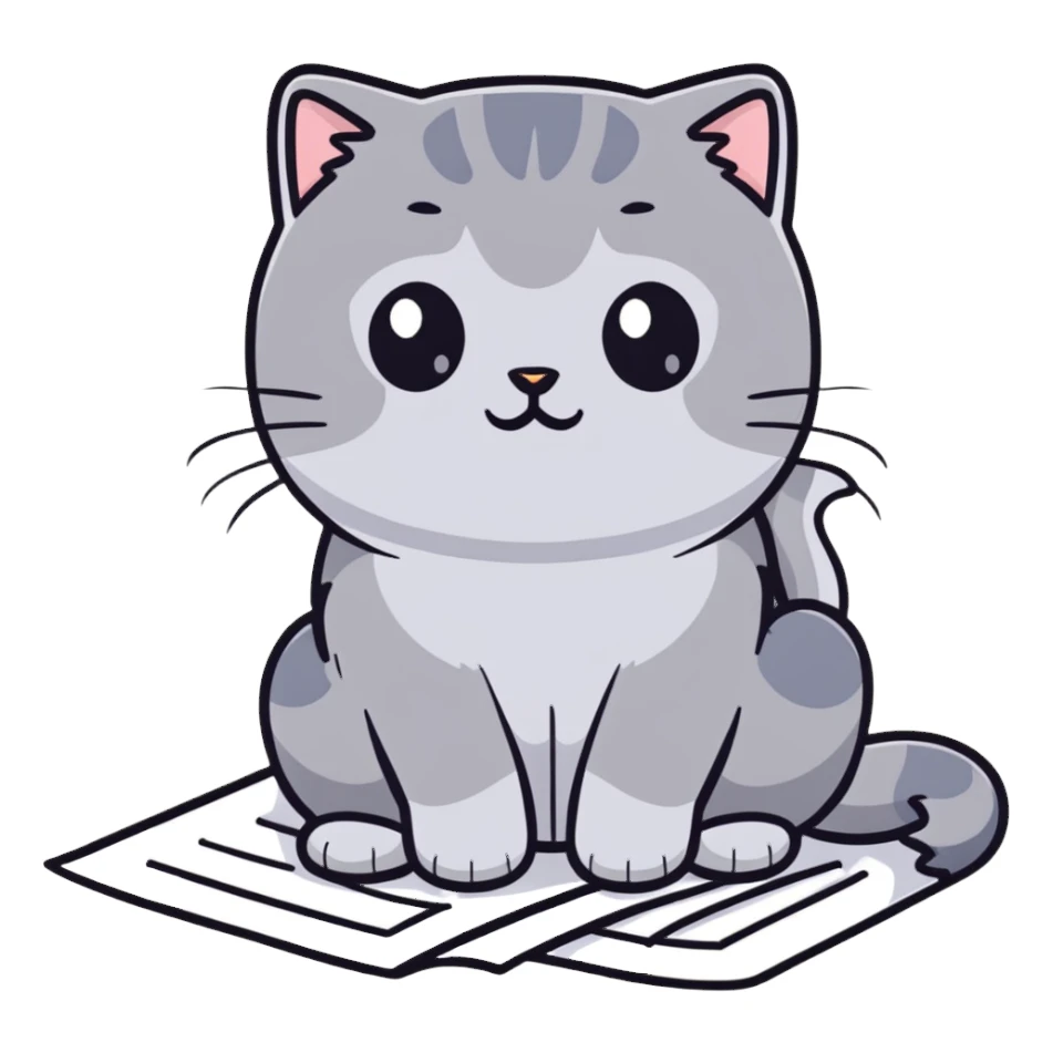 a gray Scottish fold cat sitting on a piece of paper sticker