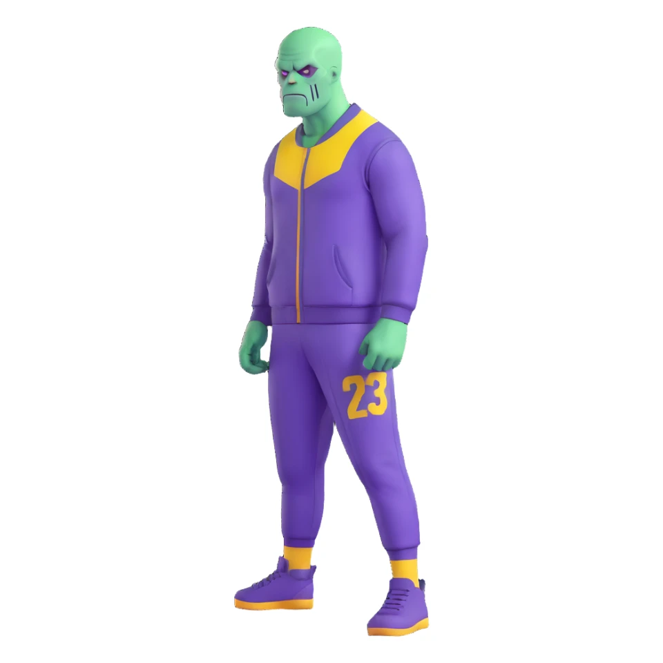 purple-skinned Thanos wearing a green Squid Game player tracksuit with number 230 sticker