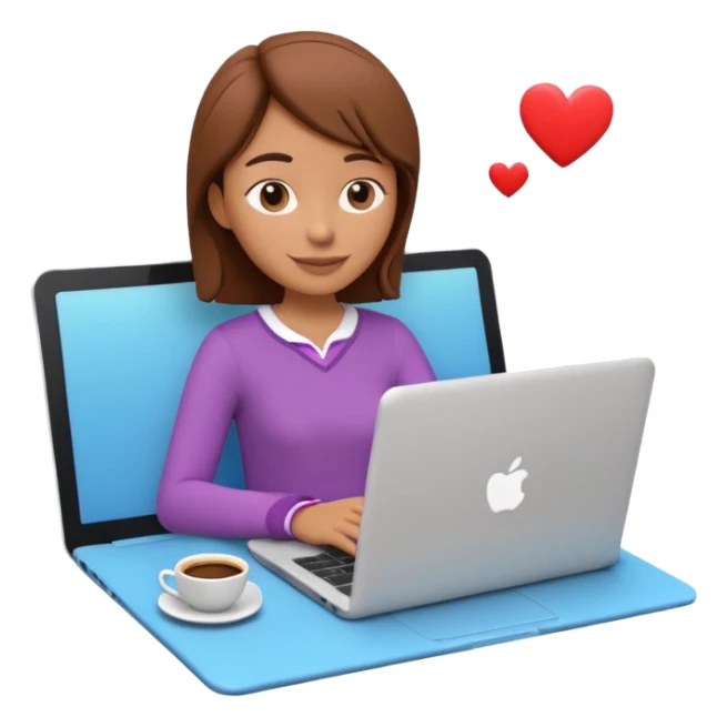 3D clay character relaxed with laptop and coffee, floating icons (envelope, heart, dollar), colofrful outfit, floating icons, white laptop, Pixar style, transparent background sticker