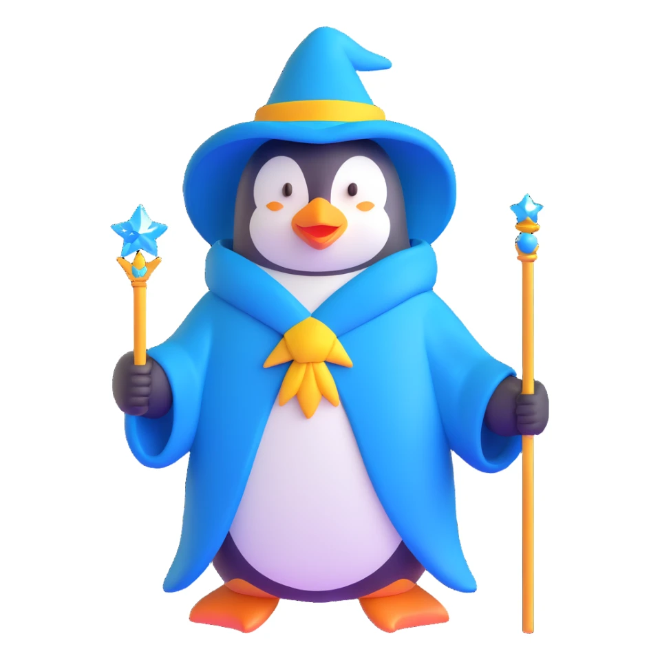 penguin wizard with a blue robe and sparkly wand sticker