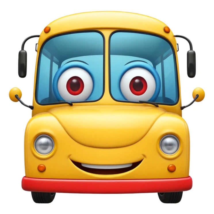 Front view of a bus with a cheerful smiling face, expressive eyes integrated into the windshield, glossy 3D animation style, Pixar-inspired, vibrant colors, soft shadows, cinematic lighting, ultra detailed, 4k render sticker