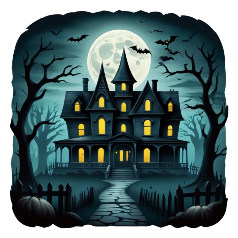 Icon for Horror Movies: A dark, eerie collage featuring iconic horror elements like a haunted house, a full moon, sinister shadows, and creepy creatures emerging from the darkness. The atmosphere should be chilling, with a feeling of suspense and fear. Transparent background. sticker