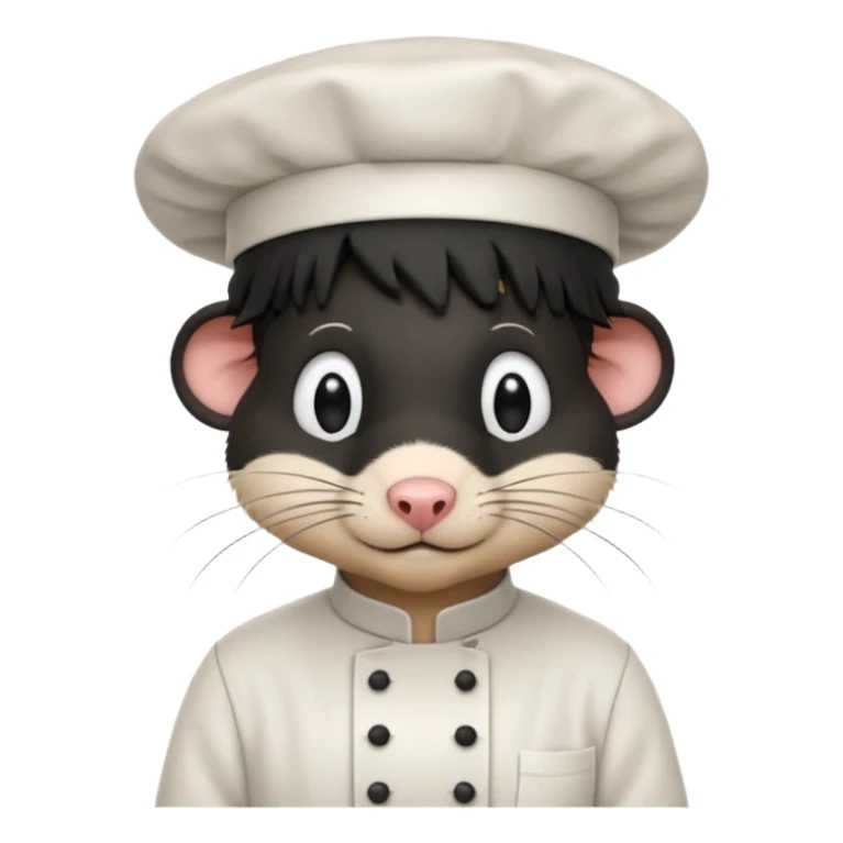 A rat with a fringe, long black hair and chefs hat sticker