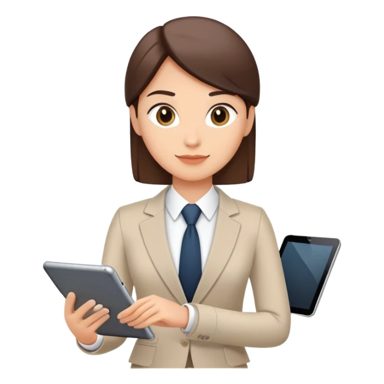 A flat-style illustration of a business executive confidently, holding a digital tablet or folder. The character wears smart business attire, clean cartoon style, white background, iOS emoji aesthetic. sticker