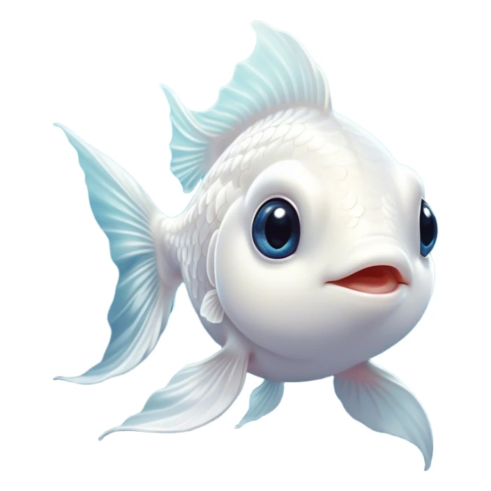 Cinematic Cute White Goldfish Portrait Emoji, Head tilted playfully and inquisitively, featuring a glossy, pure white body with delicate, shimmering scales and round, sparkling pale eyes filled with curiosity, Simplified yet irresistibly adorable features, highly detailed, glowing with a warm, friendly glow, high shine, affectionate and lively, stylized with a touch of whimsy, bright and endearing, soft glowing outline, capturing the essence of a mischievous yet loving goldfish, so playful it feels like it could swim out of the screen and into your heart! sticker