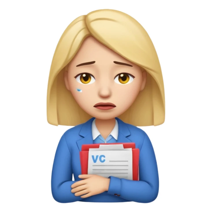  emoji character wearing a interview clothoes. face has a very sad crying, disappointed expression with drooping eyebrows and half-closed eyes. posture is dejected, with slumped shoulders. just rejected from  interview to get a job, holding CV. dont make it old person and make it woman. sticker