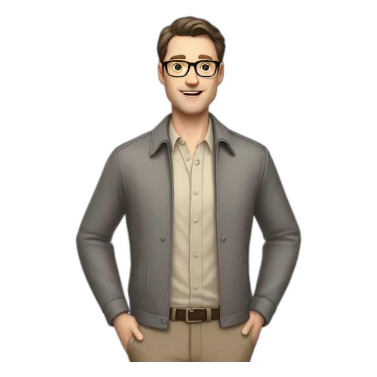 Full height Pale skinned Fit Man With dark brown hair in gray classic jacket, beige office shirt, Brown pants and vintage glasses. Thrumbs of his palms upwards sticker