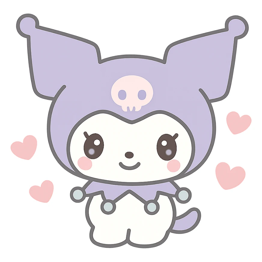 Kuromi character surrounded by small hearts, kawaii style sticker