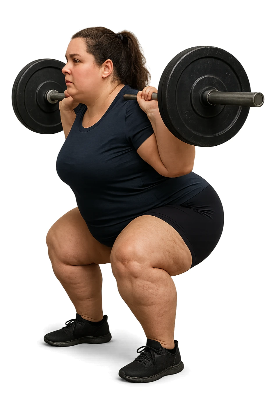 donna leggermente in sovrappeso con lipedema alle gambe che fa uno squat di profilo con bilanciere, IPERREALISTICA 4K sticker