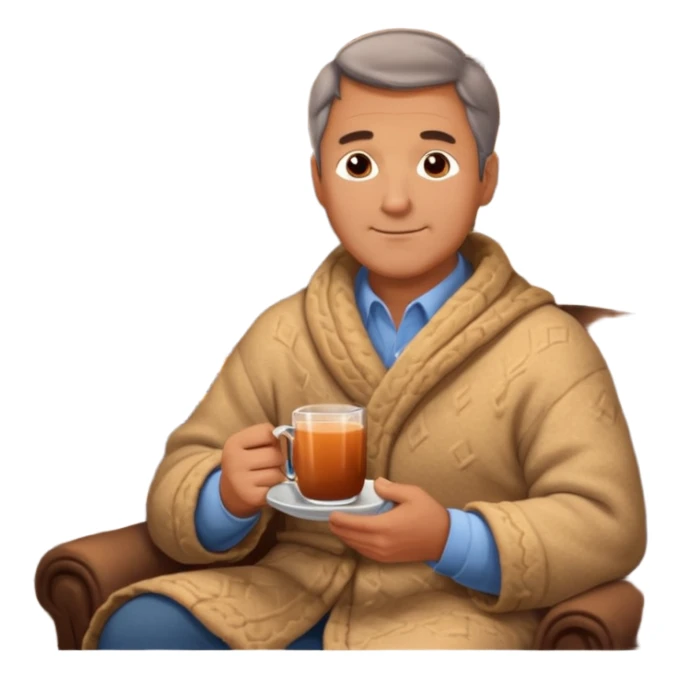 Cozy handsome middle aged man sitting next to a nice fireplace with a hot apple cider, blanket, and plate of chocolate cookies. sticker