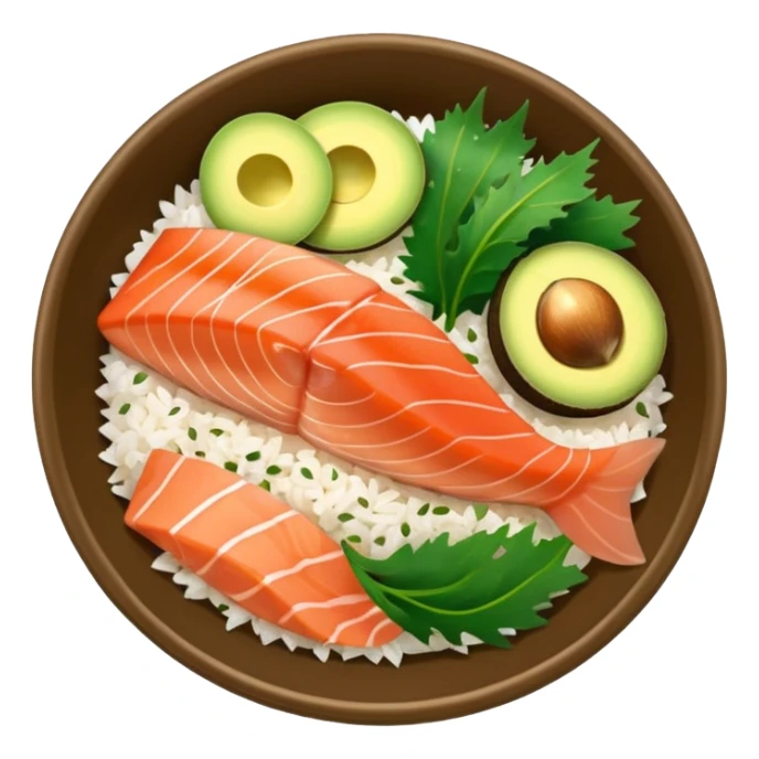 salmon poke bowl with clear and clean colors without watercolor effect, emphasizing freshness of food, iPhone emoji style sticker