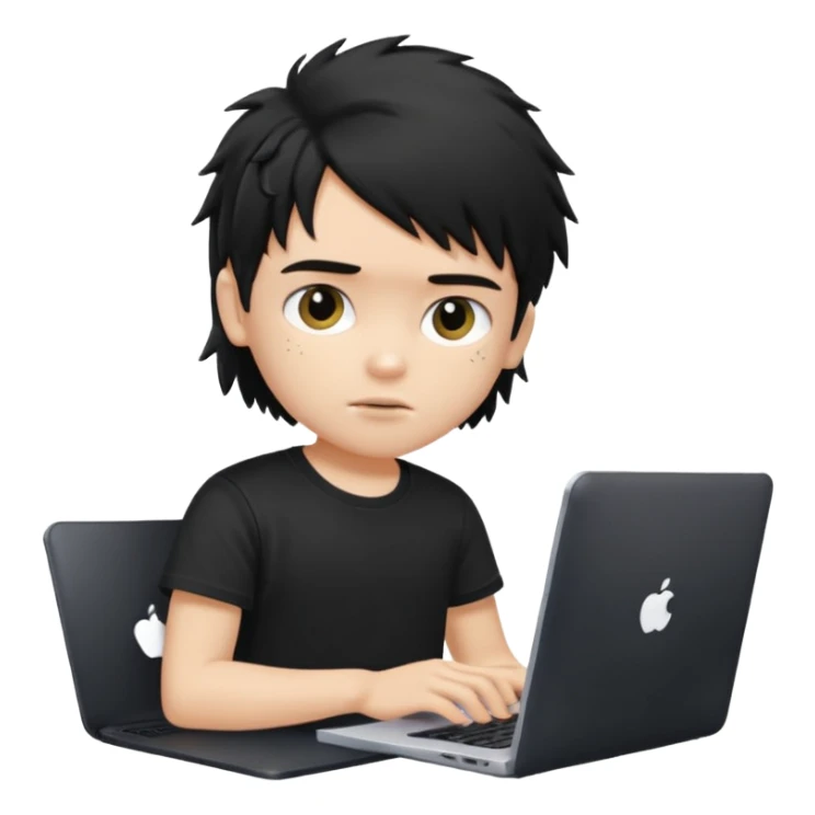 generate a pretty fair bratz boy with a messy mullet (black hair), wearing a black tshirt. Using his laptop sticker