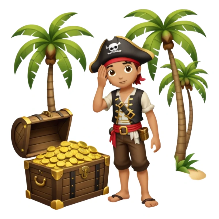 kid pirate with hand on forehead looking for something, one foot on treasure chest, palm trees in background sticker