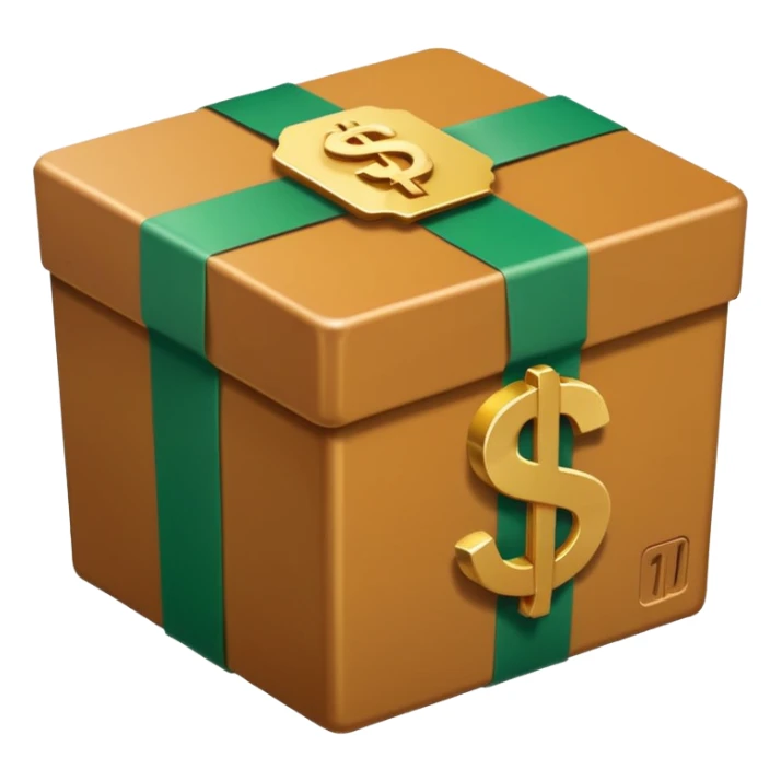 Closed box with smooth, rounded edges

Light honey‑brown tape strip with a glossy highlight

Flat green bill with a bold white dollar sign, anchored at the bottom left of the box

Slight soft shadow under the bill for depth

Plain white background for that crisp, emoji‑ready finish sticker