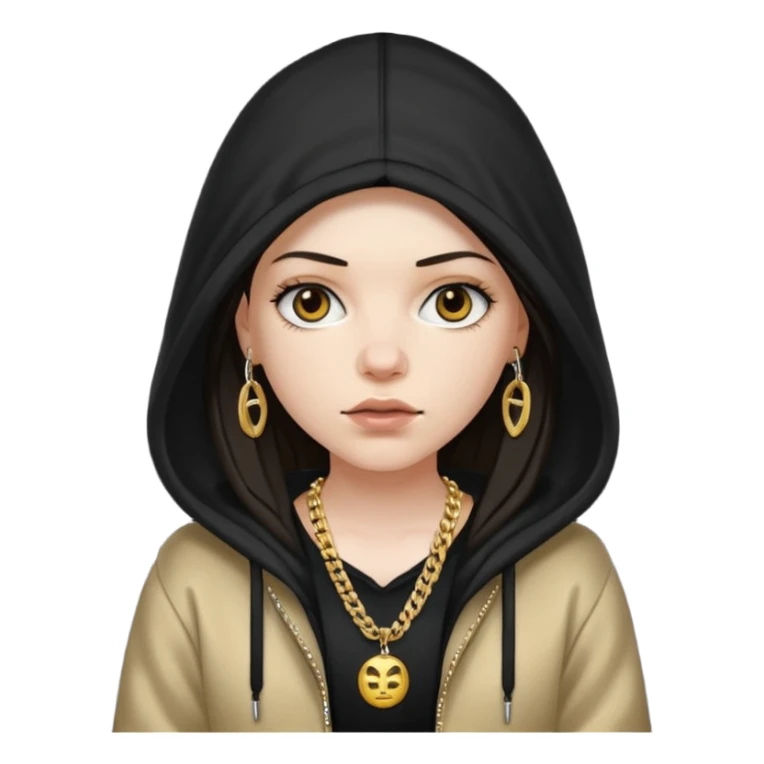 white girl with a hood on with dark hair looking like a rapper sticker