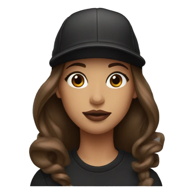 A beautiful woman wearing a black cap and black sweatshirt, big lips, brown straight long hair.  sticker
