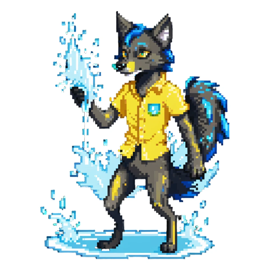 people in yellow shirts spraying water on an anthro black wolf sticker