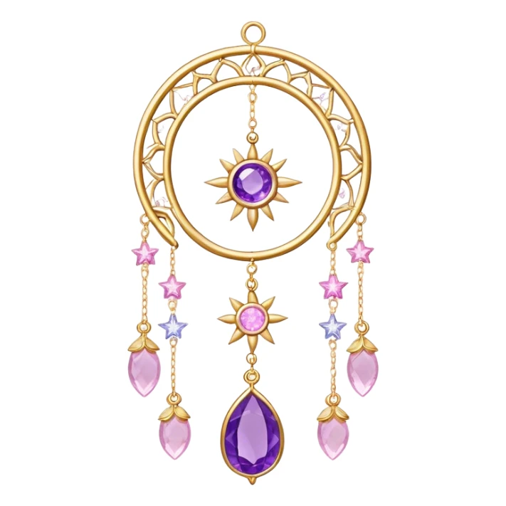 Epic Hanging gold suncatcher, threads with shiny sparkly amethyst and rose-quartz gemstones, flowers, moons, stars, sticker