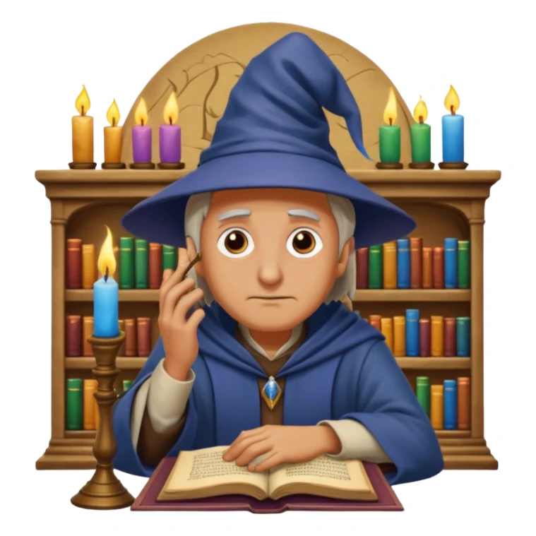 "Thinking face emoji 🤔 as a thoughtful wizard in Hogwarts library, scratching head with quill, surrounded by floating books and candles, detailed digital art in Harry Potter style, puzzled expression, magical atmosphere."
 sticker
