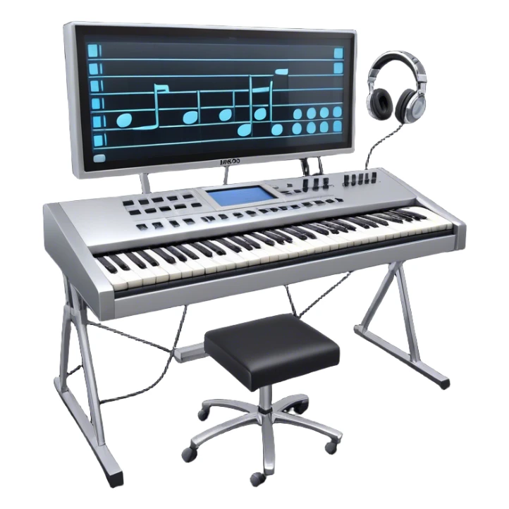 Create a professional and artistic emoji that represents writing music tracks. The design should feature a large monitor displaying musical notes or a score, positioned in front of a professional Korg synthesizer. Add elements like studio headphones, a MIDI keyboard, and an audio interface to symbolize the tools used in music production. Use sleek, modern colors like silver, black, and neon accents to convey the professional environment of music composition. The background should be transparent. sticker