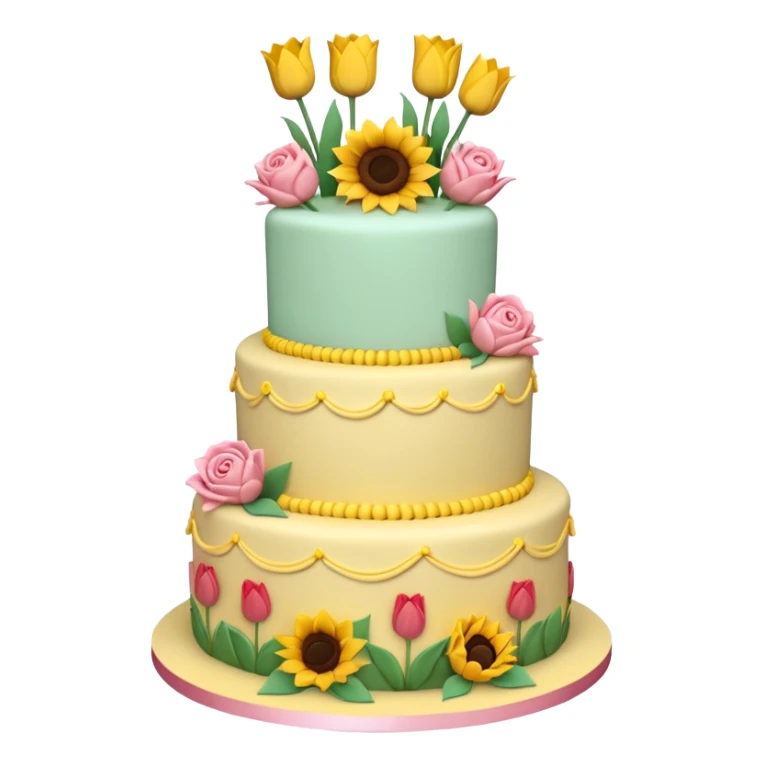 A large three teir cake with top layer decorated with roses, middle with Sunflowers and bottom layerwith Tulips and Happy Birthday Dear written on top. sticker