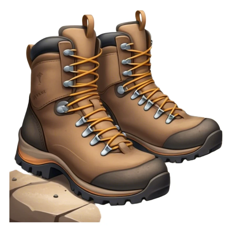 Cinematic Realistic Hiking Boots, well-worn leather boots resting on a rocky trail, scuffed edges and dirt-speckled laces adding character, glowing softly under the dappled sunlight filtering through the trees. sticker