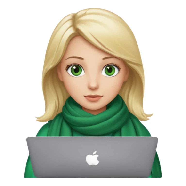 blond women skine , with green eyes , with scarf . with macbook sticker