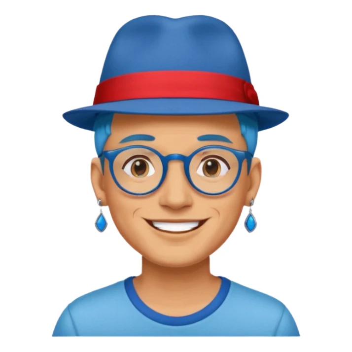 unique looking tourist with big unique red tourist fedora and earrings, man with lots of tattoes and spectacles, blue hair showing sticker