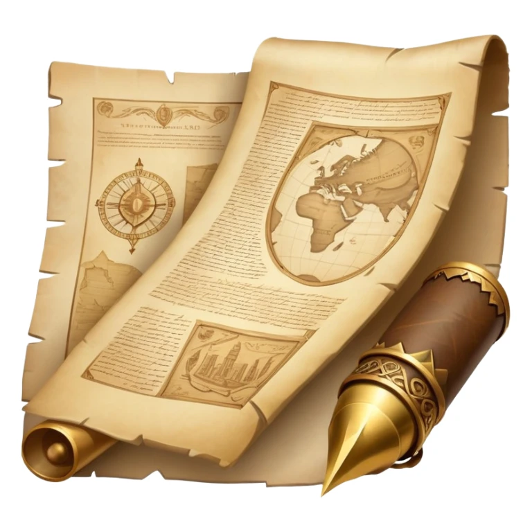 An icon featuring an ancient scroll, a quill, and a historical artifact like a shield or coin. The design includes a backdrop of old maps and timelines, symbolizing the study of past events and civilizations. Transparent background highlights the exploration of history. sticker