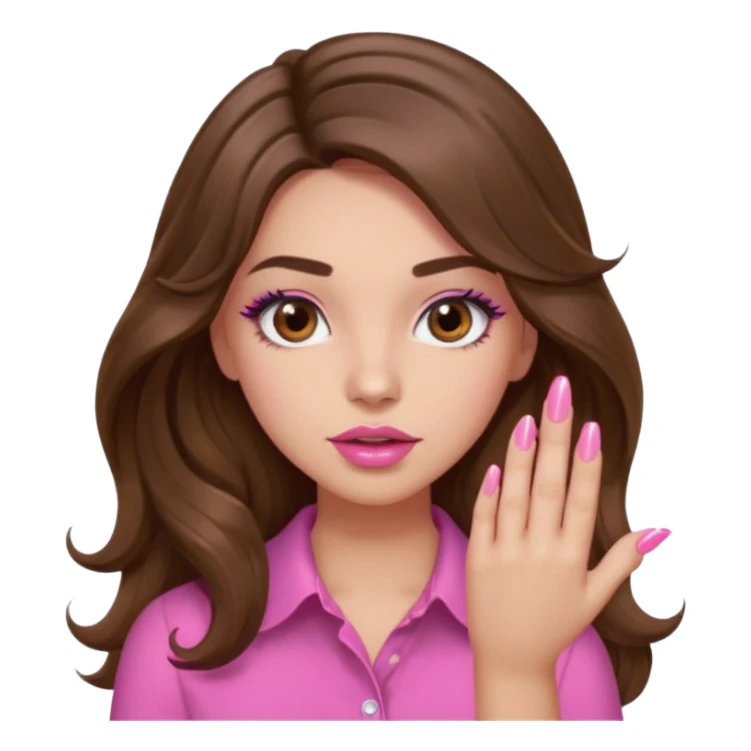 girl with long wavy brown hair, brown eyes, light to medium complexion, in a pink shirt, pink lips, long lashes, puckered lips, showing off a pink manicure sticker