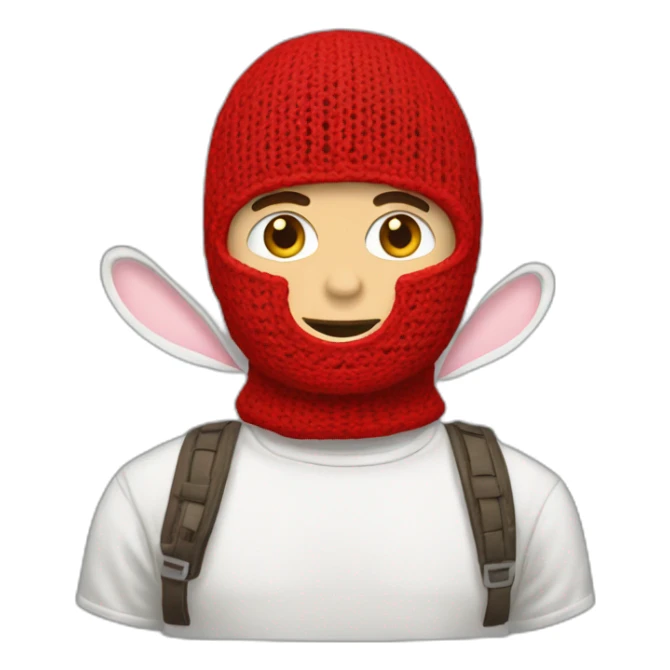A WHITE GUY WEARING A RED CROCHET BALACLAVA with bunny ears sticker