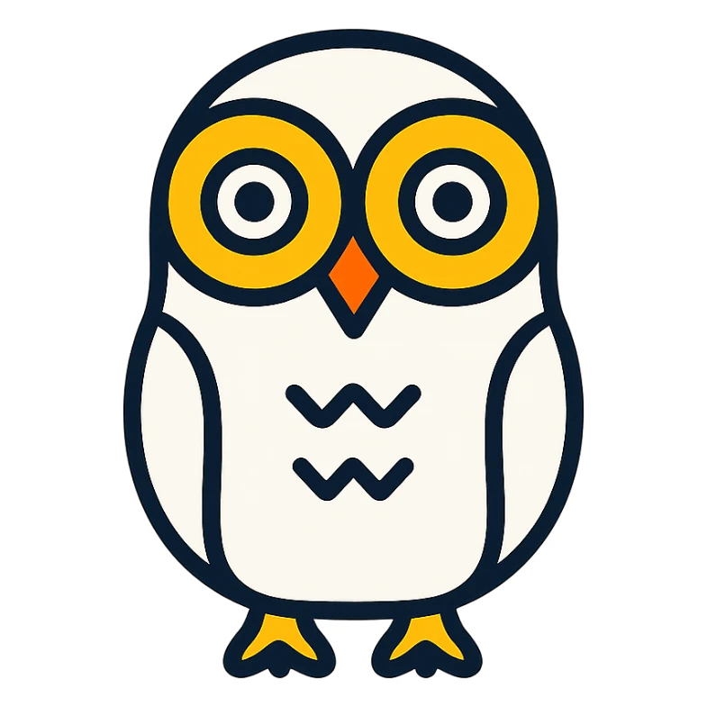 white owl, yellow ring around eyes, stylized minimal icon sticker