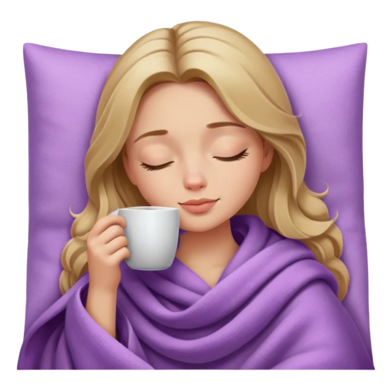 dark blonde girl inside a lilac blanket sipping coffee eyes closed sticker