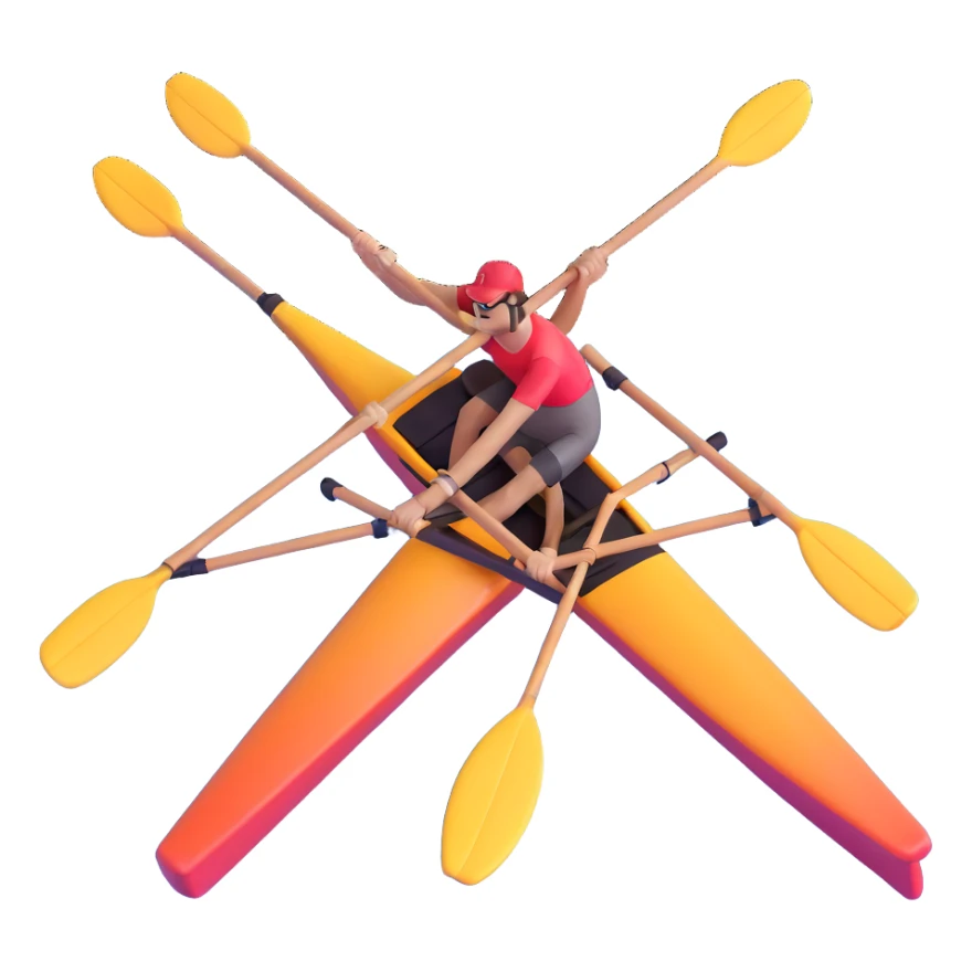 single-person Olympic rowing boat with professional racing style, with rower, maximum 2 oars, bird's-eye view, minimal sea effect with rounded corners sticker