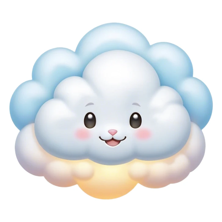 Cinematic tiny puffy bunny-shaped cloud, floating gently in the sky, soft glowing light, tiny rounded ears, smiling face, dreamy and magical. sticker