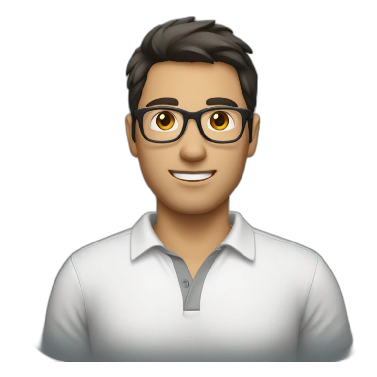 guy with dark hair, a white polo and grey glasses sticker