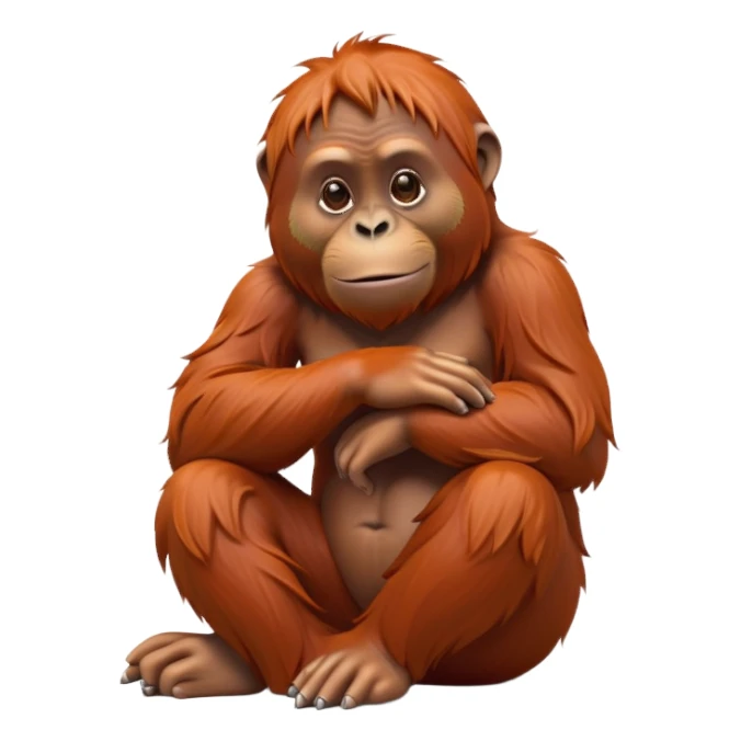 cinematic-orangutan-realistic-full-body-sitting-emoji,-massive-frame-relaxed-with-arms-folded-thoughtfully,-thick-orange-fur-flowing-in-the-breeze,-head-tilted-dramatically,-deep-dark-eyes-filled-with-ancient-wisdom,-simplified-yet-realistic-focused-features,-highly-detailed,-glowing-with-an-almost-sarcastic-glow sticker