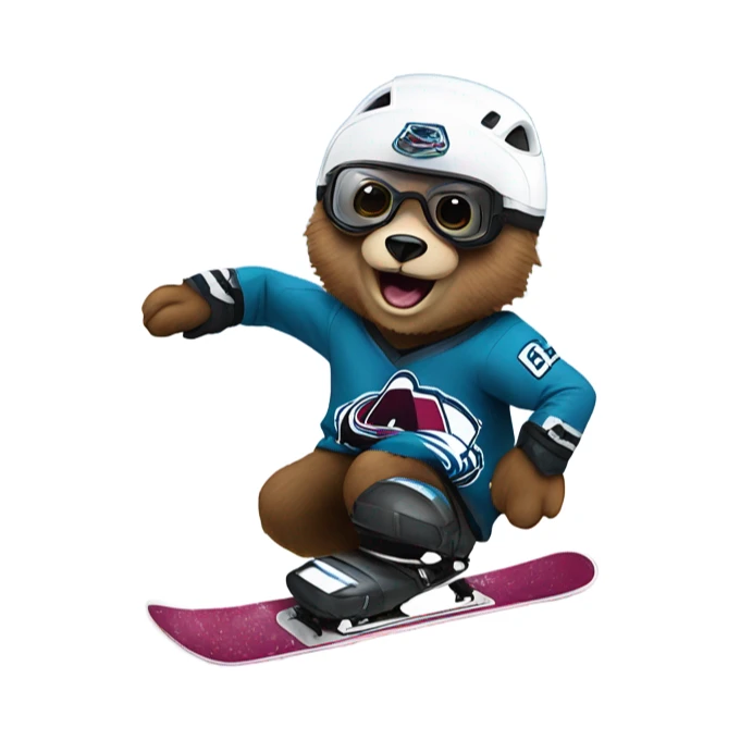 Bear on a snowboard in Colorado avalanche jersey doing hardcore tricks wearing helmet and goggles sticker