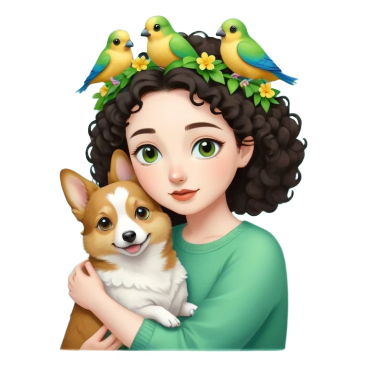 Dark short curly hair with pale skin and thin eyebrows girl hugging a welsh corgi. And a green-reddish lovebird on her head with yellow, blue love birds around her. sticker