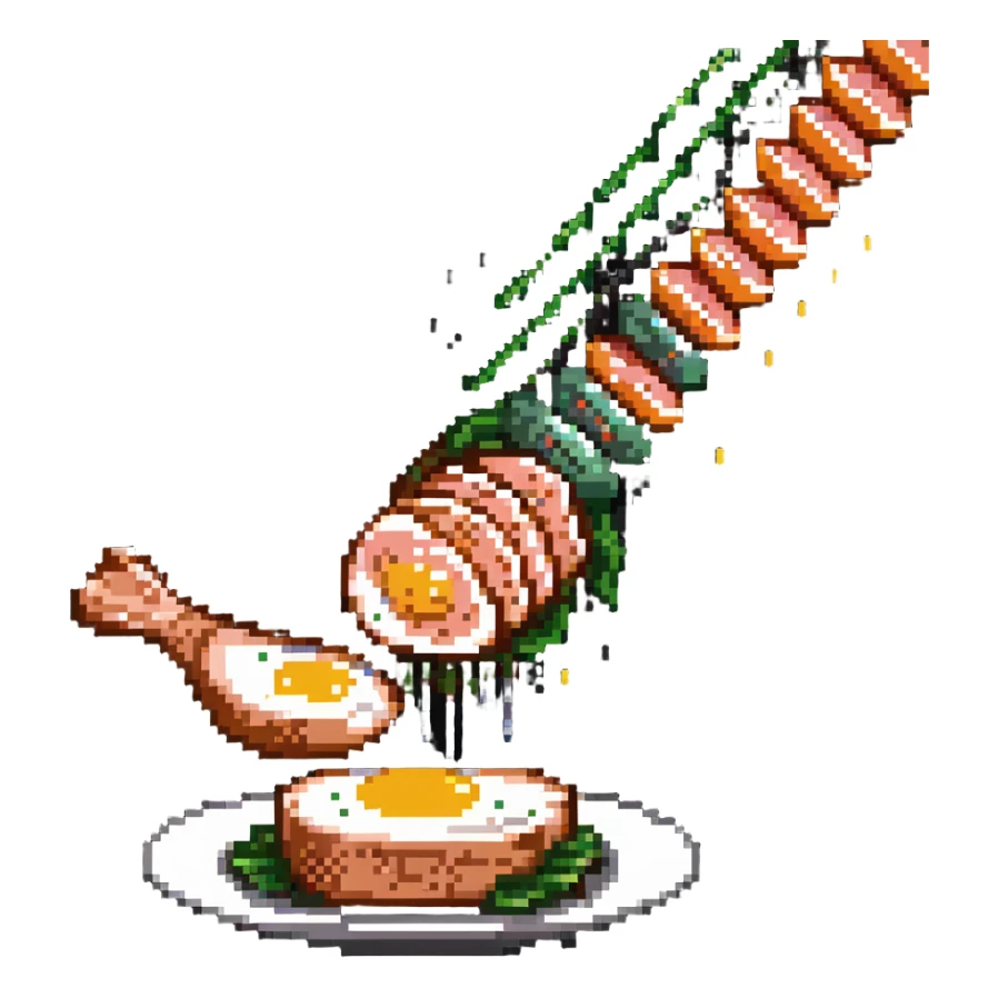 Pixel art protein explosion with chicken breast, steak, salmon, and egg shooting upward from bottom, with sparkle effects, DNA pixel animations around them, and simplified muscle figure outline in background sticker