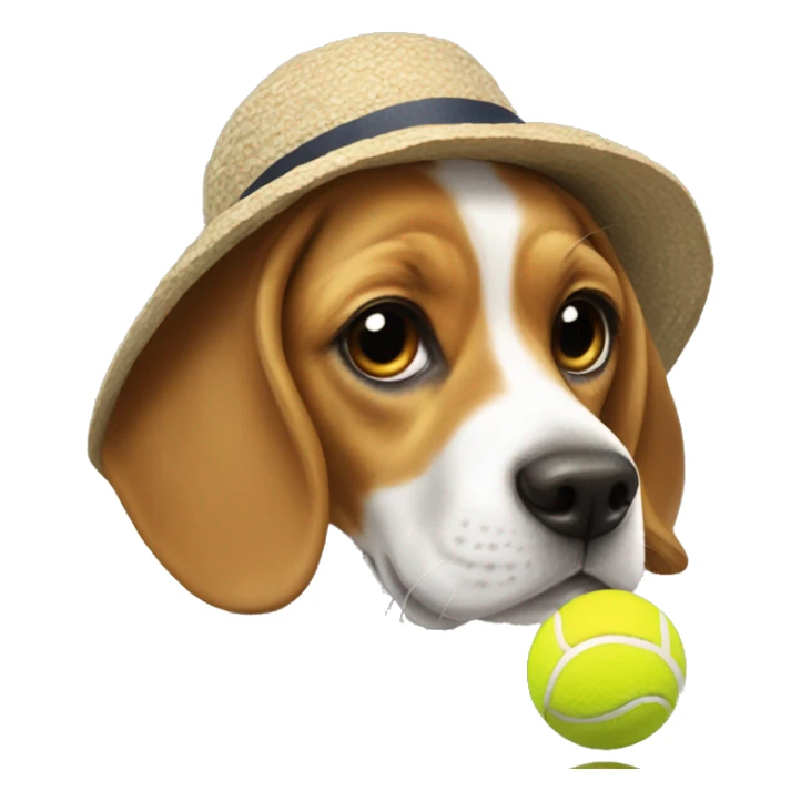 Beagle, playing with a tennis ball, with little sun hat on. sticker