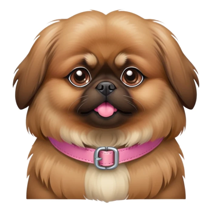 A brown Pekingese dog with pink collar sticker