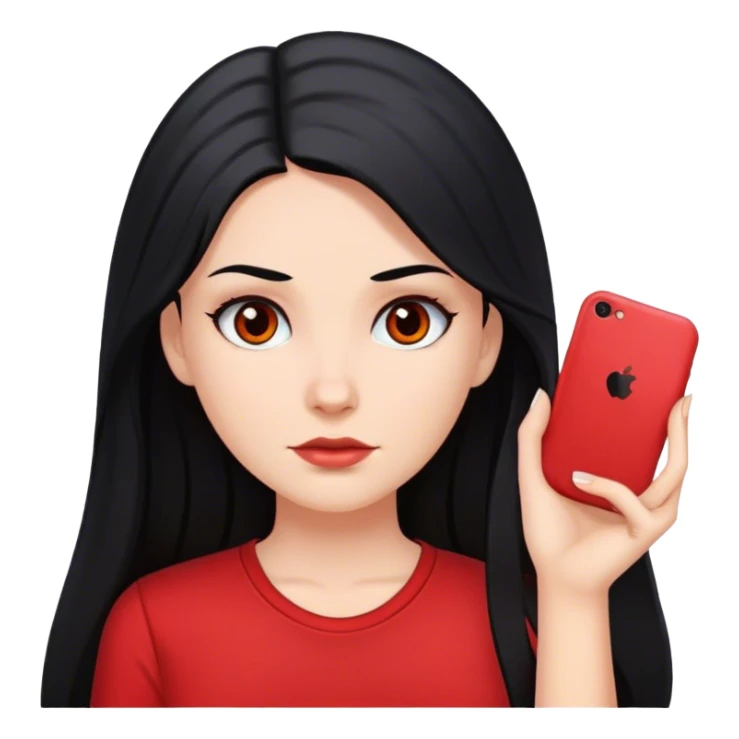 a white girl with long black hair and black eyes wearing a red shirt sticker