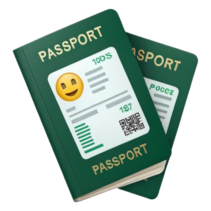 white passport with protruding airline tickets, dark green elements on passport and tickets, emoji style sticker