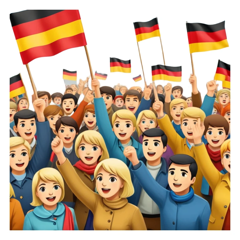 West German protest scene with people holding colorful protest signs, BRD flag, lively mood, 1960s sticker