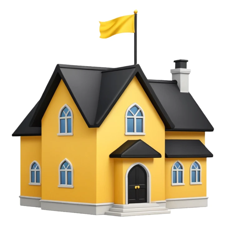 simple school, white background, magic school, black roof, with a big flag, big flag on a roof, big yellow flag, white school sticker