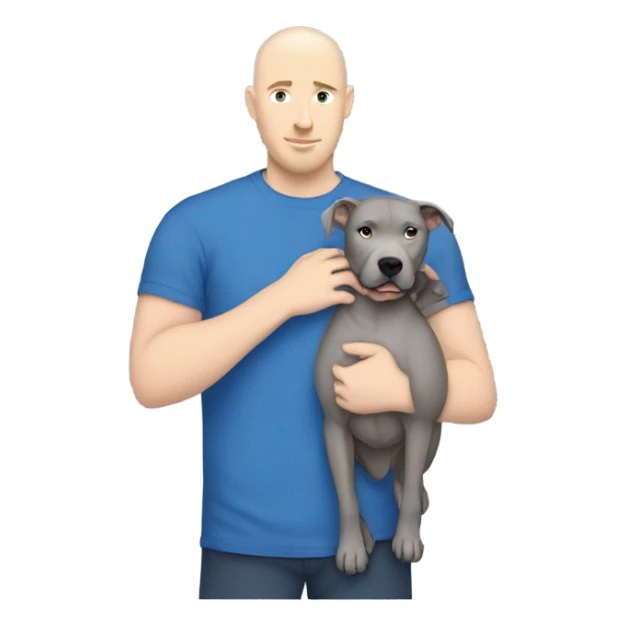 bald white man no beard with blue eyes and blue tshirt Hugging large grey pit bull sticker